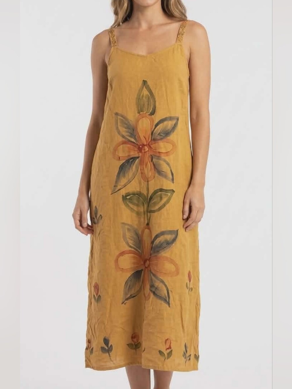 Vintage point Final Floral Bohemian Maxi Dress Mustard Size M
